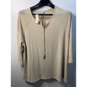 Avenue Stretch Beige Textured Keyhole Tie 3/4 Sleeve Blouse Top Plus Size 22/24